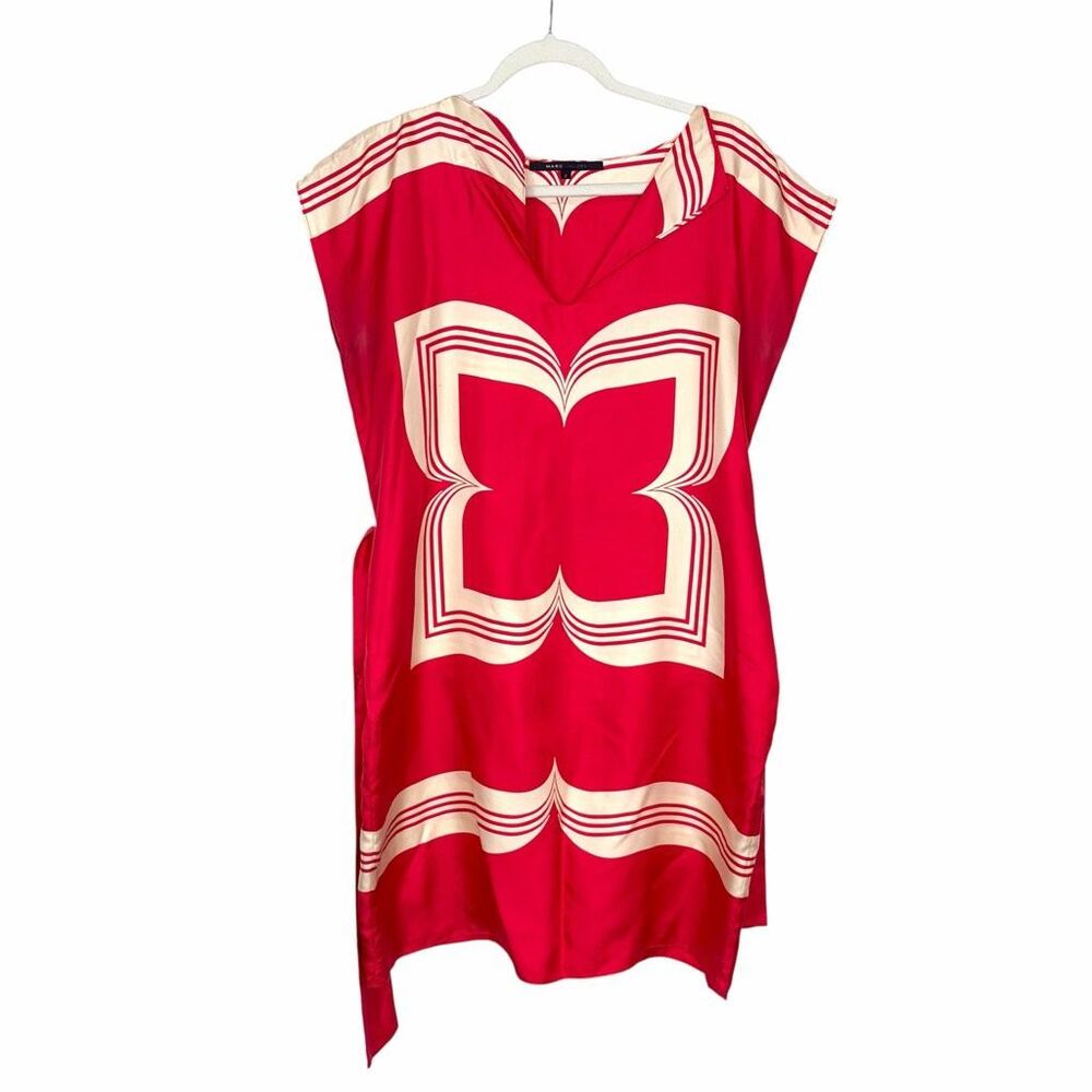 Marc Jacobs Kaftan Tunic Mini Dress Geo Retro  2 Red Cream Silk Tie Belt Flaw XS